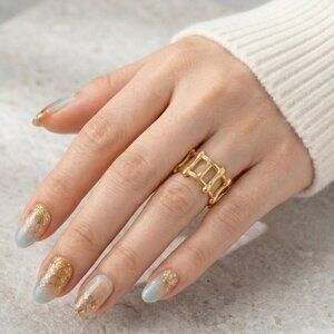 18K Gold Plated Stainless Steel Wide Band Ring Geometric Open Cage Statement 6-9
